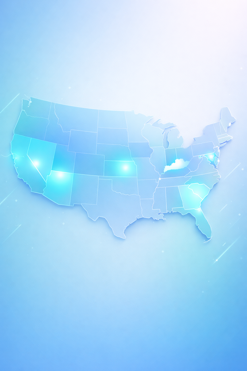 A digital map of the United States highlighting certain states with bright spots, set against a light blue background.