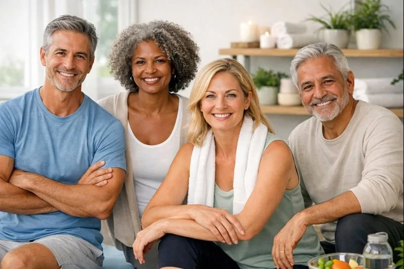 Four mature adults, two men and two women, smiling and sitting together indoors in a bright, cozy room with plants and candles in the background.