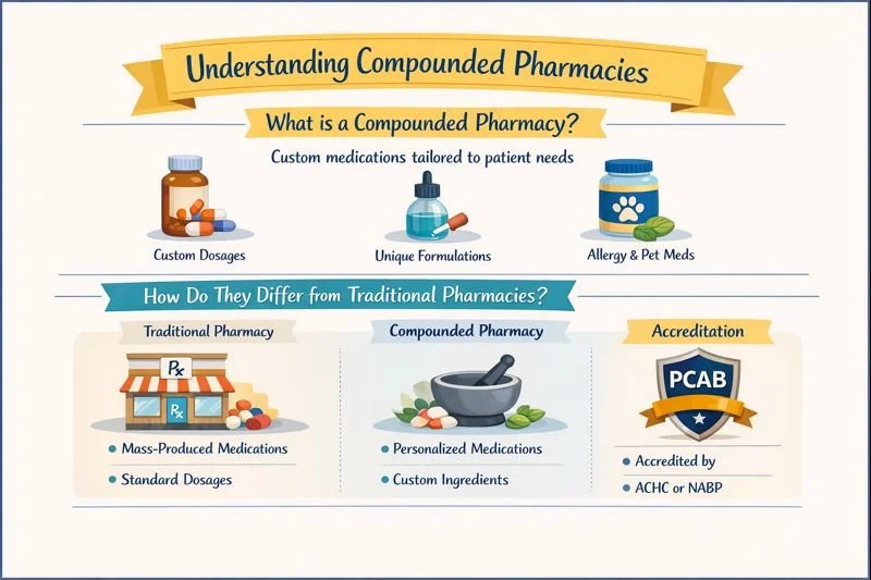 Infographic titled 'Understanding Compounded Pharmacies' explaining what a compounded pharmacy is, showing images of medications, bottles, and pharmacy symbols, and comparing traditional vs compounded pharmacy with details on custom medications, standard dosages, and accreditation.