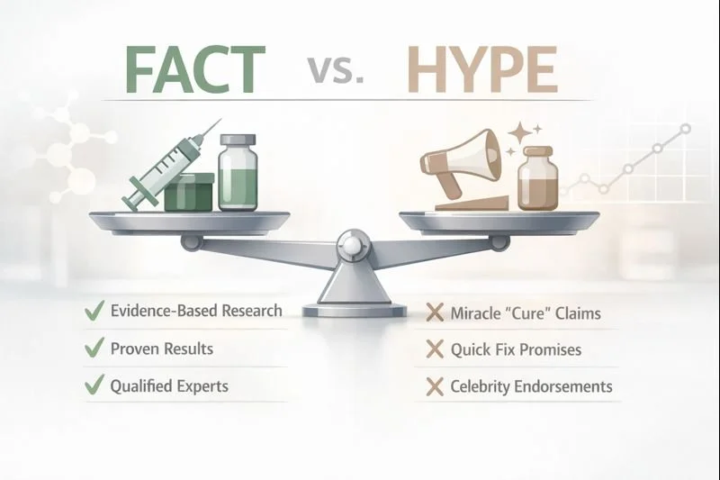 Comparison between fact and hype with a seesaw illustration. On the fact side: evidence-based research, proven results, qualified experts. On the hype side: miracle cure claims, quick fix promises, celebrity endorsements.