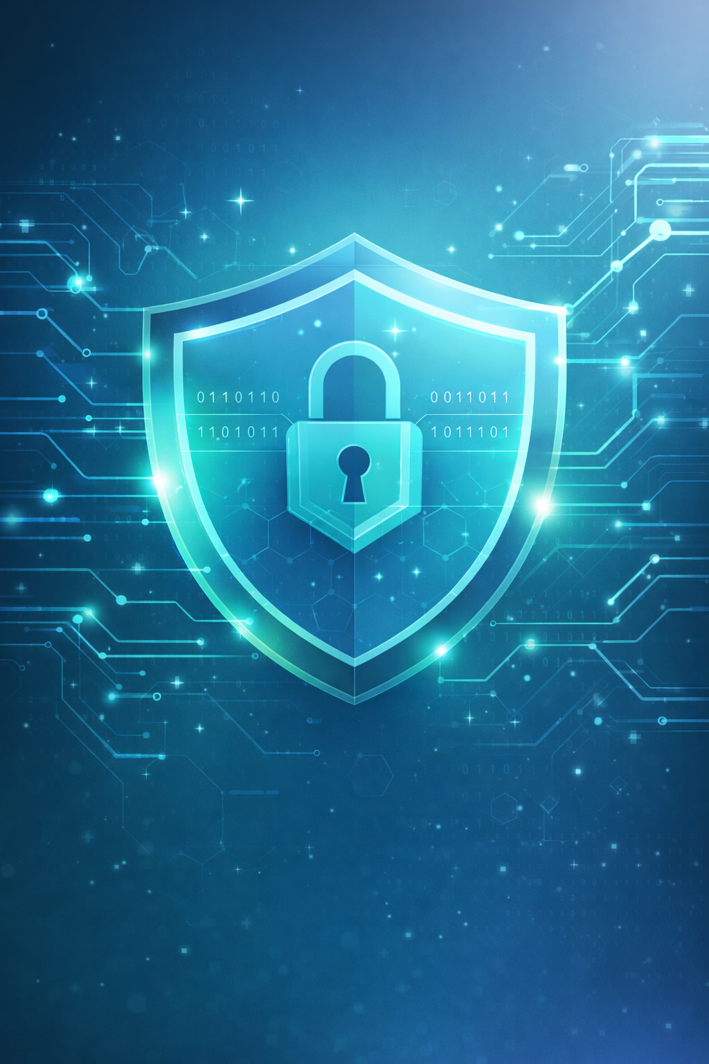 Digital illustration of a shield with a lock symbol and binary code, representing cybersecurity or data protection.