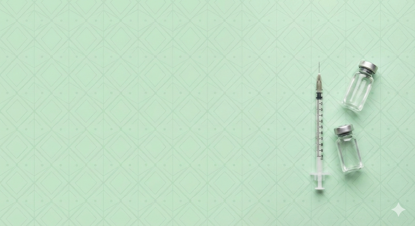 Medical syringe with two glass vials on a light green background.