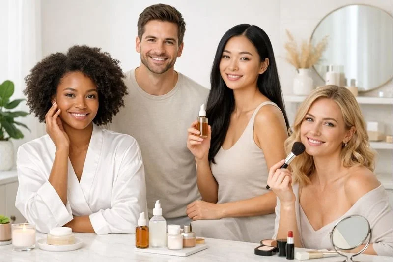 Four women in a bright room with skincare products, one holding a dropper bottle, another with makeup brushes, and others smiling.