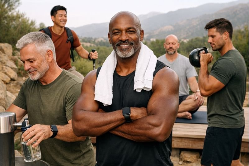 Group of five men exercising outdoors in a scenic mountainous area, with some preparing drinks and others lifting weights, all smiling and looking relaxed.