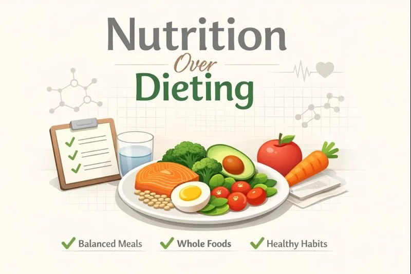 Infographic titled 'Nutrition Over Dieting' featuring a healthy meal plate with salmon, broccoli, avocado, tomatoes, cucumber, egg, beans, and carrot, with icons of a checklist, glass of water, and tablets, emphasizing balanced meals, whole foods, and healthy habits.