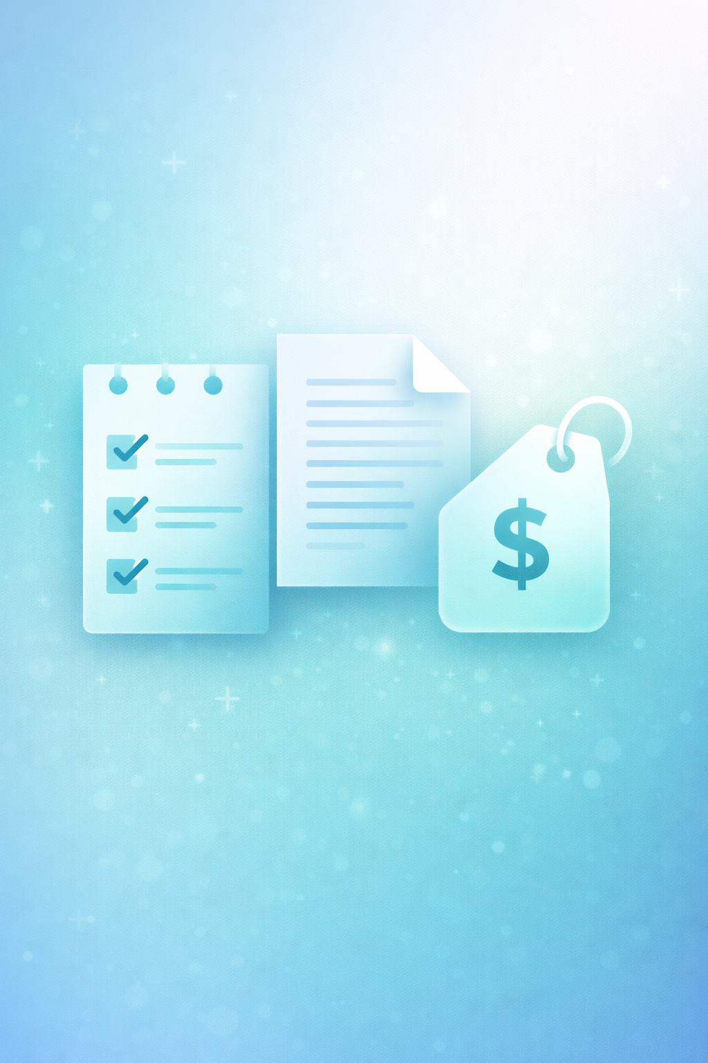 Illustration of a checklist, a document, and a price tag with a dollar sign on a light blue background.