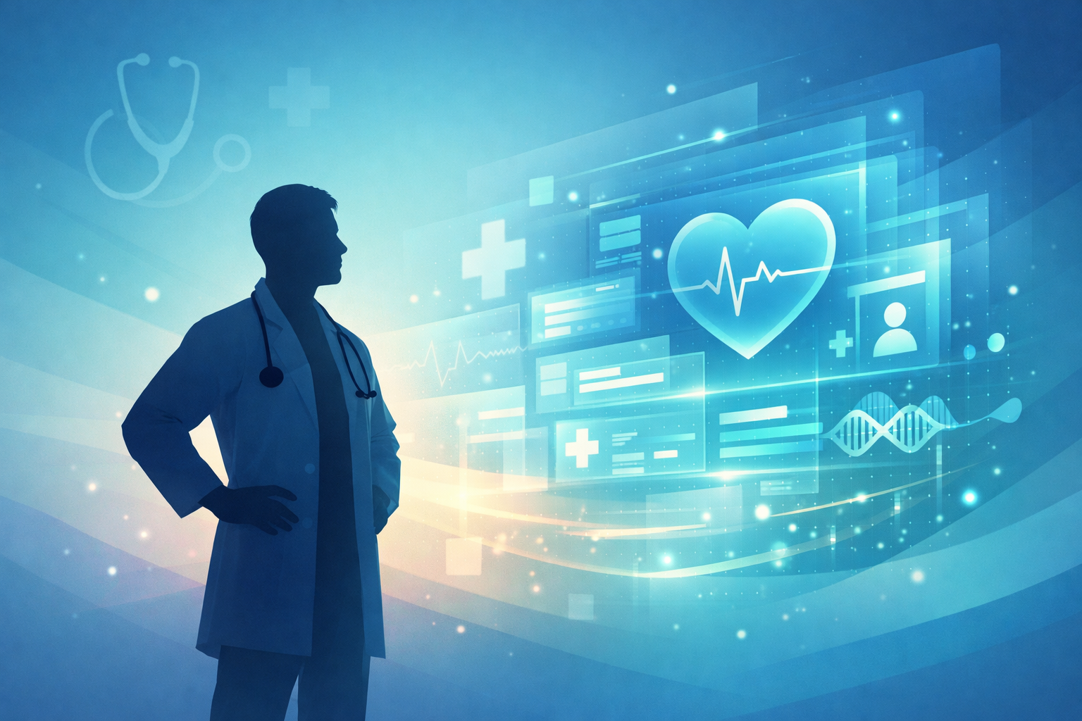 Silhouette of a doctor with a stethoscope around his neck, standing in front of a digital display of healthcare icons including a heart with an ECG line, medical cross symbols, user profile, DNA strand, and various medical data charts, in a futuristic blue-toned setting.