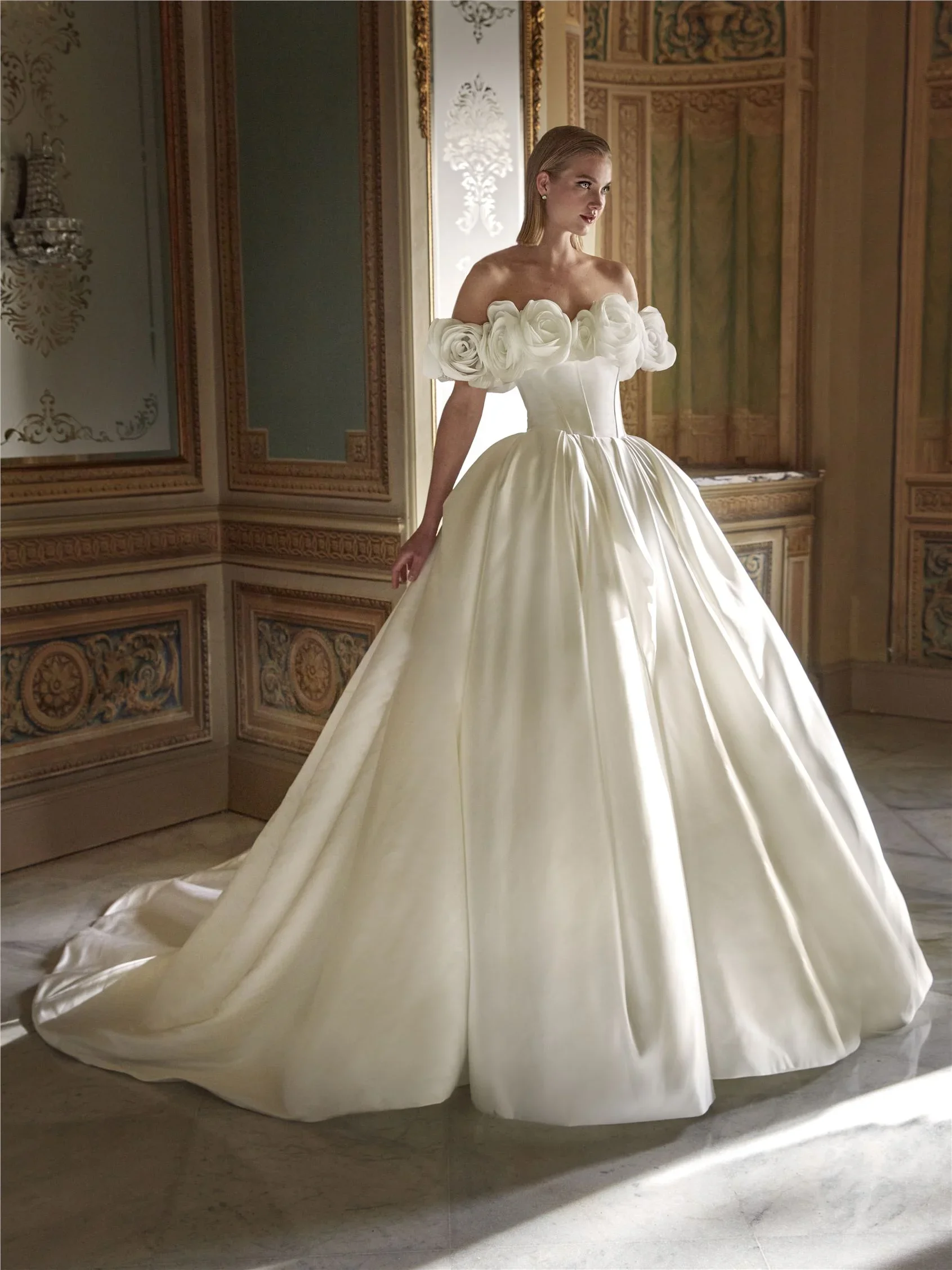 Princess ballgown with 3D flowers around off-the-shoulder straps