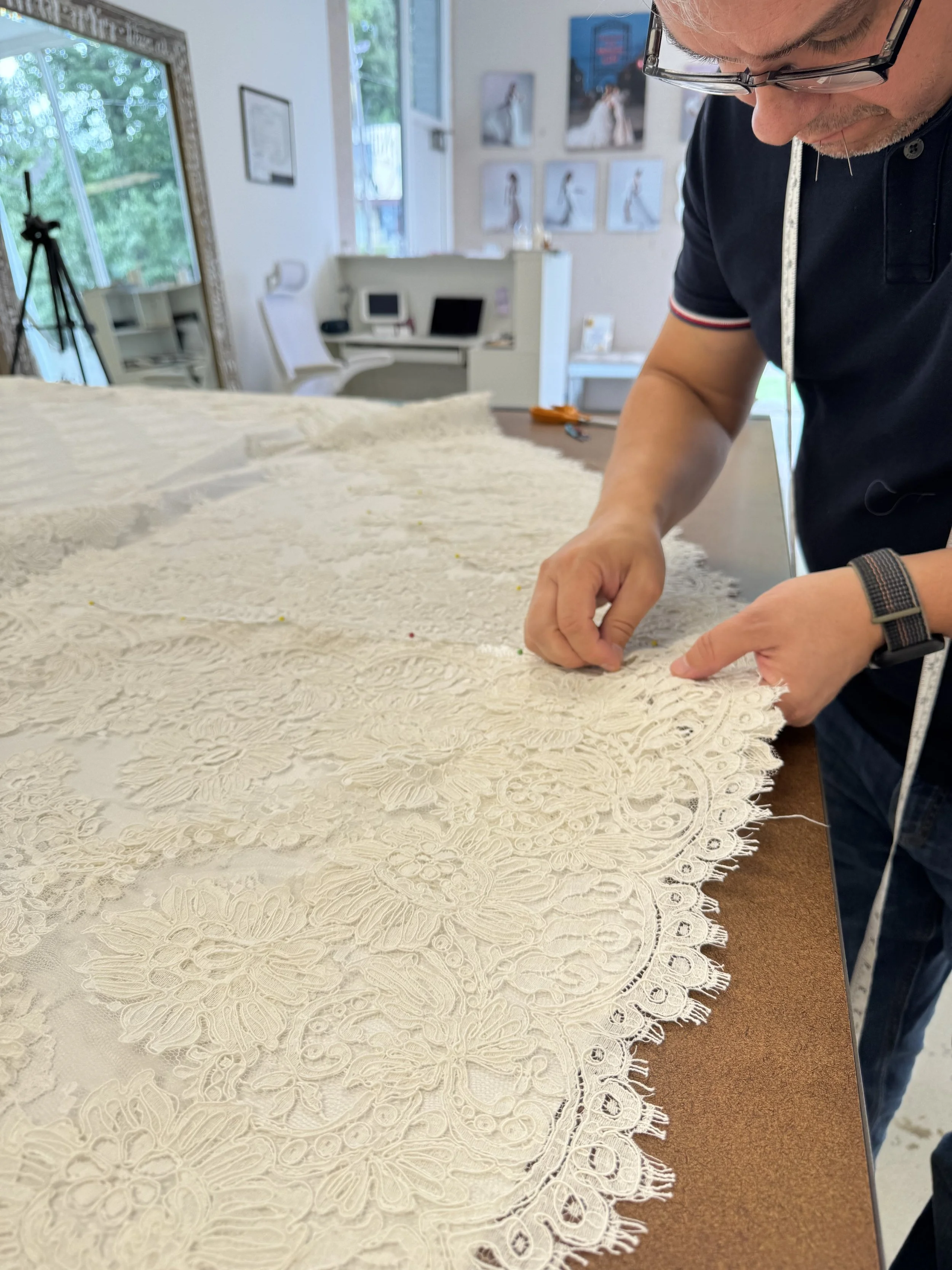 Couture lace refinement for bridal alterations in Birmingham, AL – precision handwork at NiEl’ Bridal Atelier