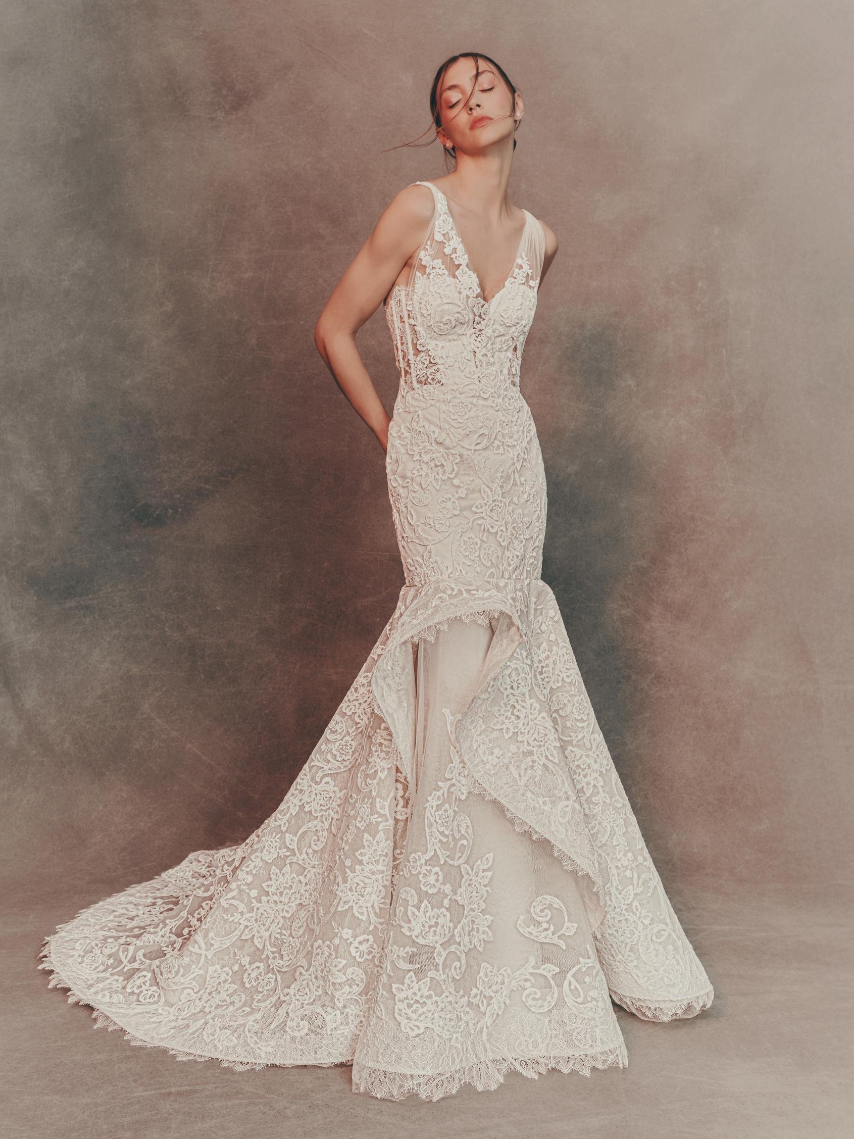 Designer Pronovias lace mermaid wedding gown at NiEl Bridal Atelier, Birmingham AL