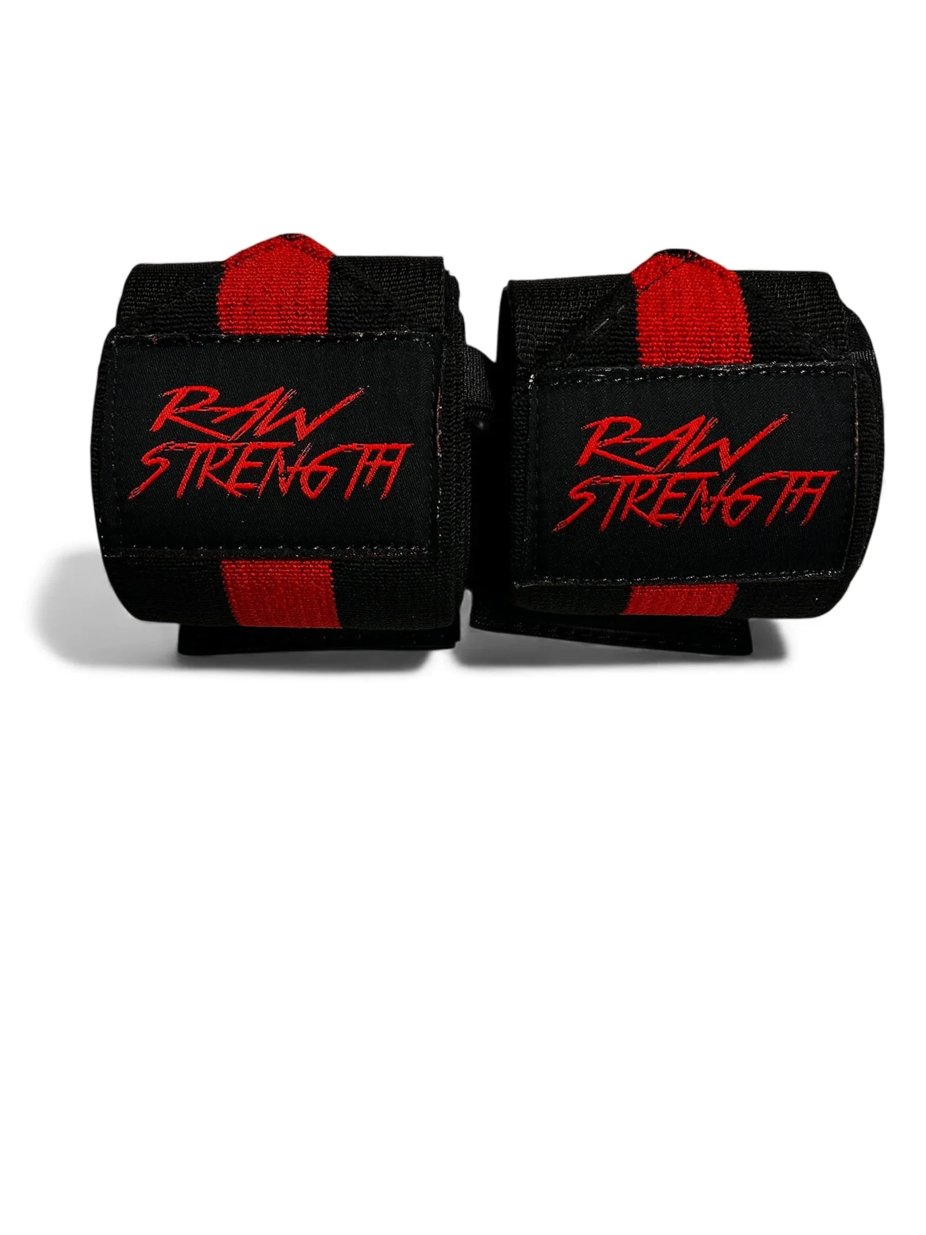 Pair of black wrist wraps with red accents and 'RAW STRENGTH' embroidered in red on black patches.