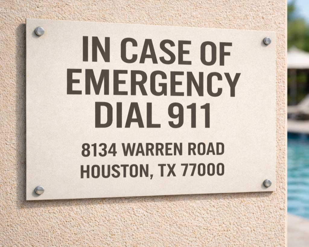 A sign on a wall with emergency contact instructions and address for a location in Houston, Texas.