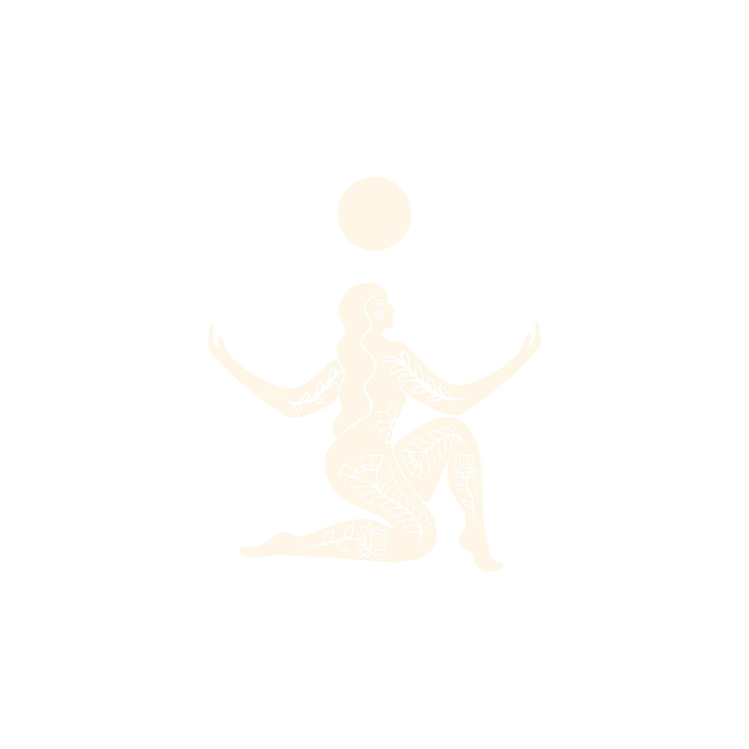 A line drawing of a woman with botanical tattoos on her body, kneeling with arms outstretched, facing a full moon, against a black background.
