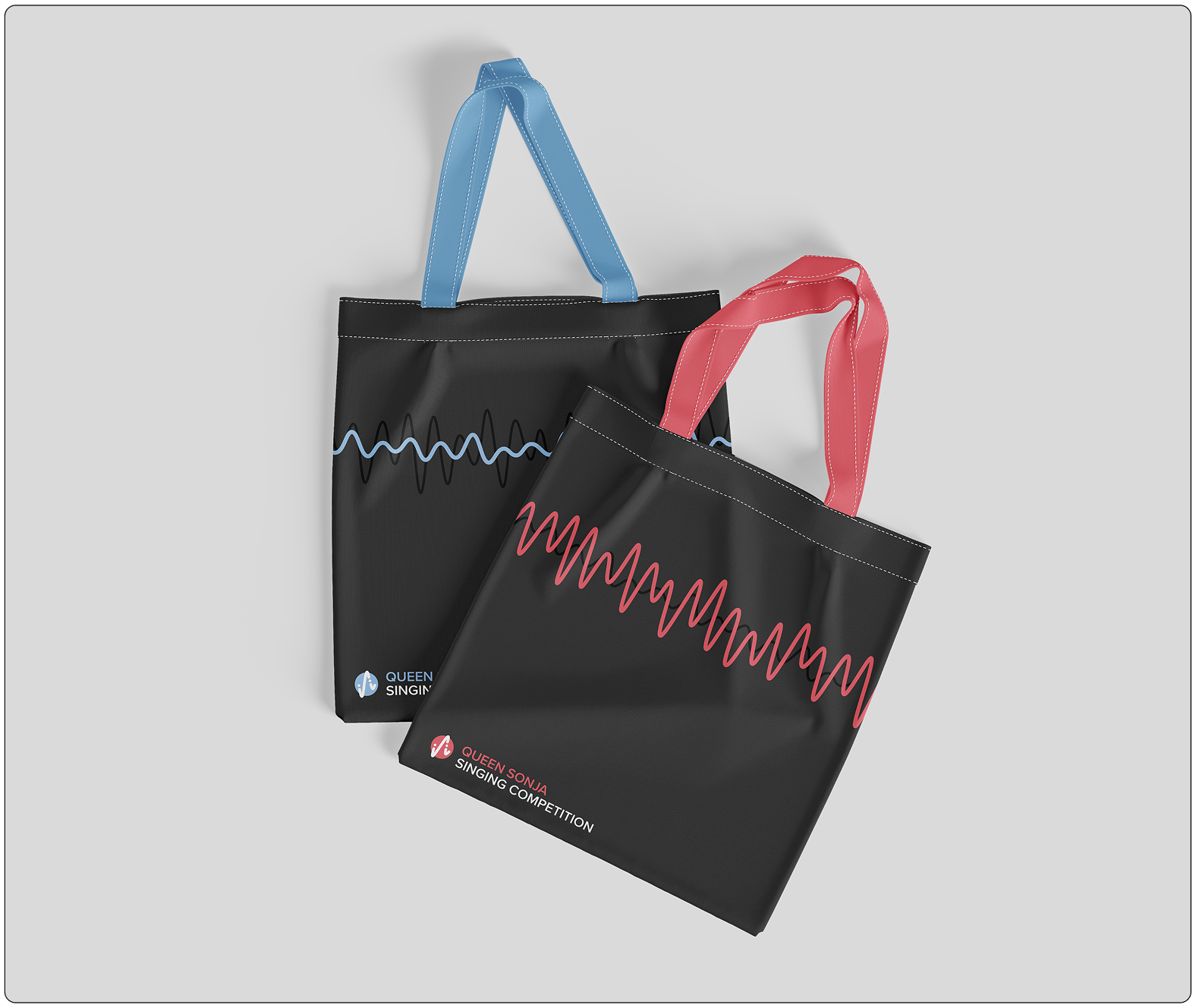 Mockup of tote bag designs, serving as competition merch.