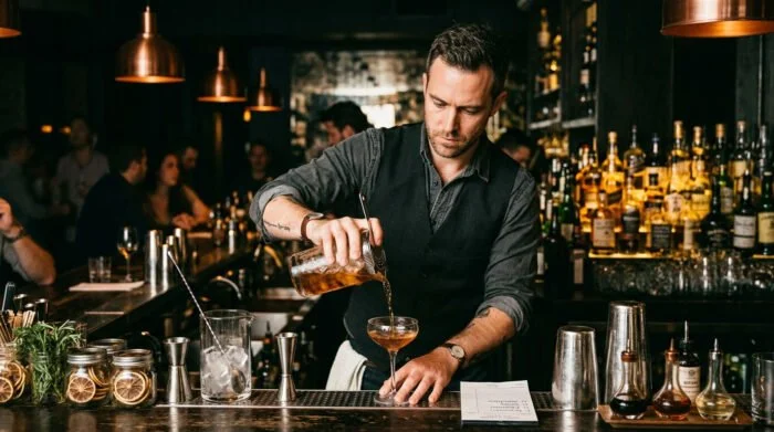 Bartender pouring whiskey into a cocktail glass at a dimly lit bar