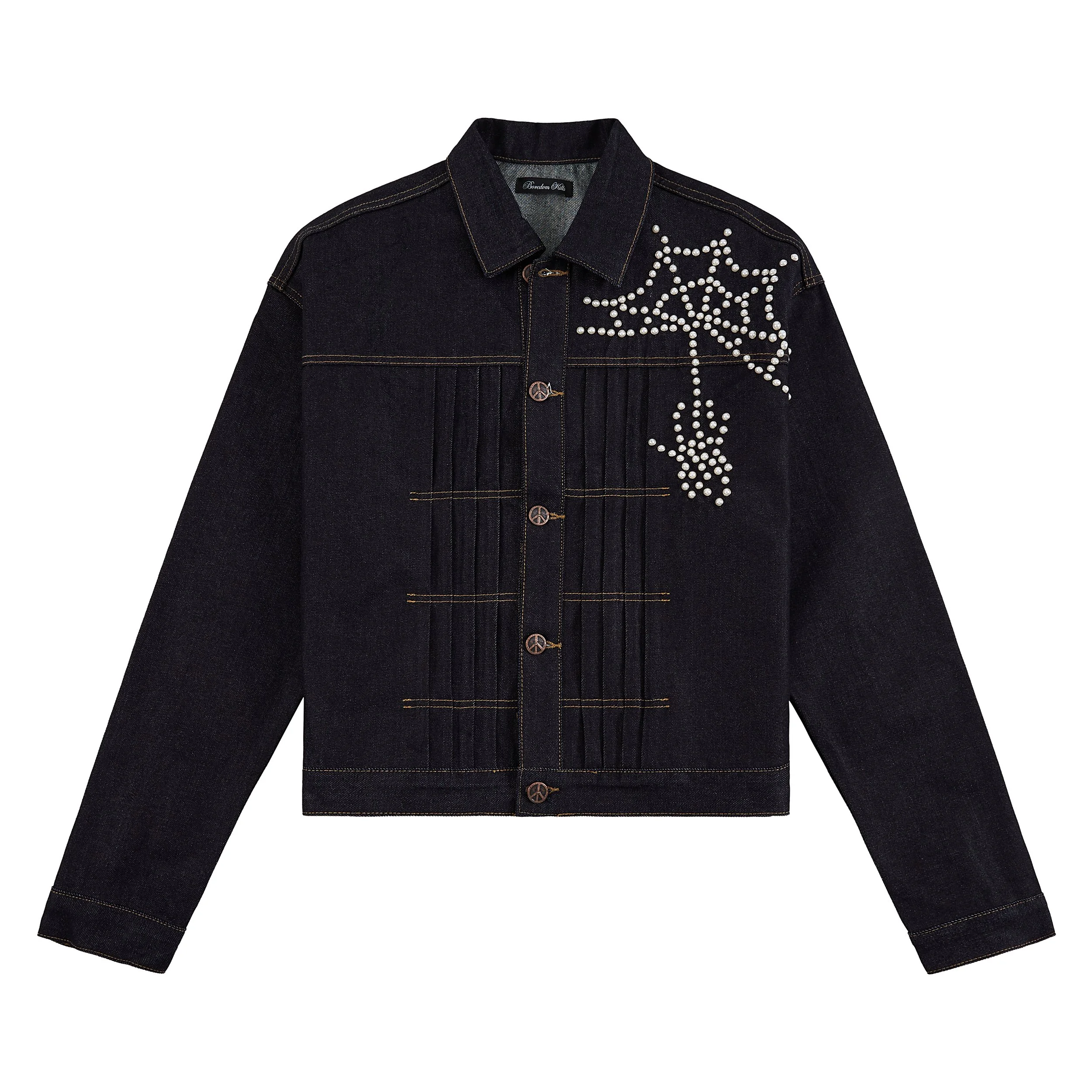 Black denim jacket with pearl embellishments on the right shoulder and chest