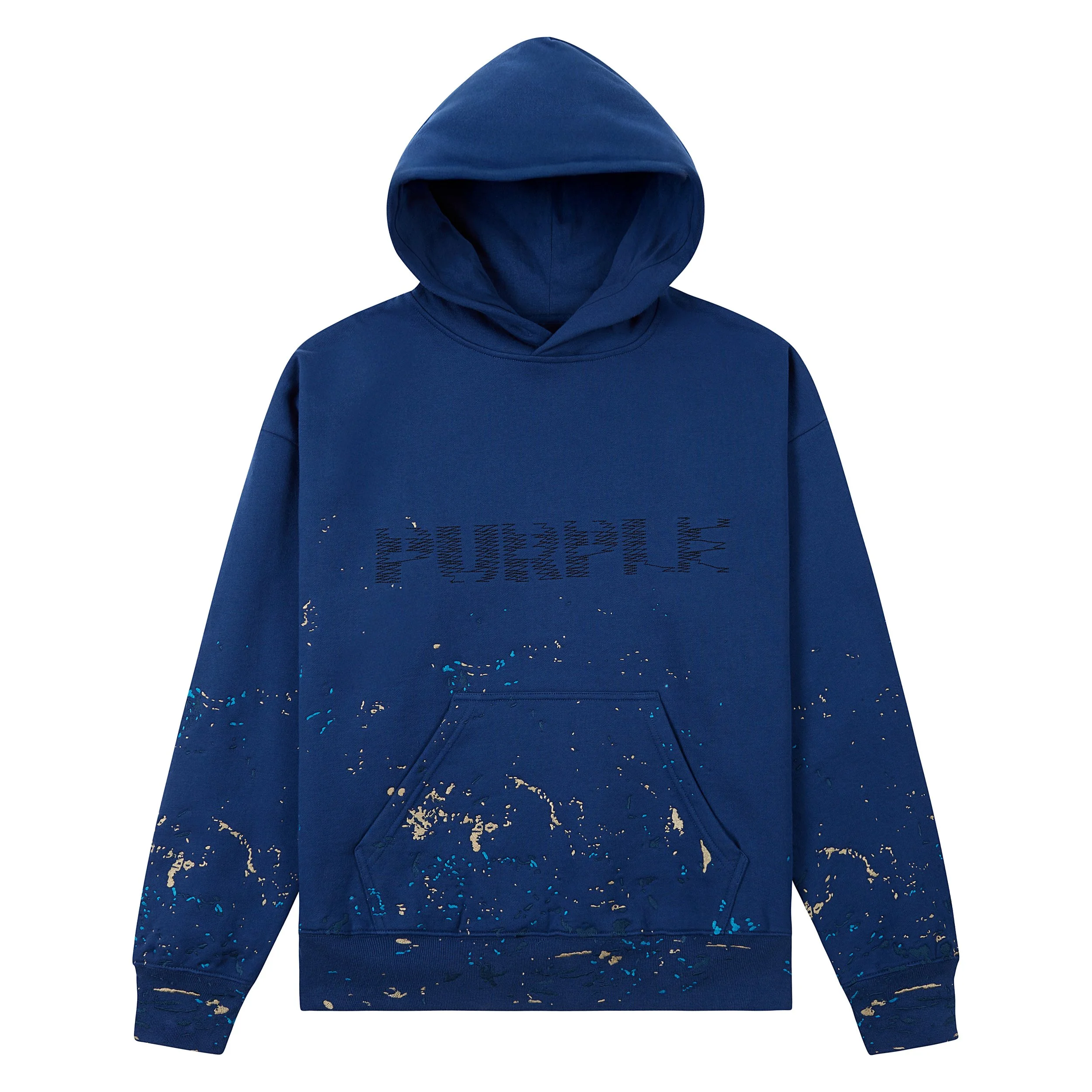 E-comm blue hoodie with a splattered paint design.