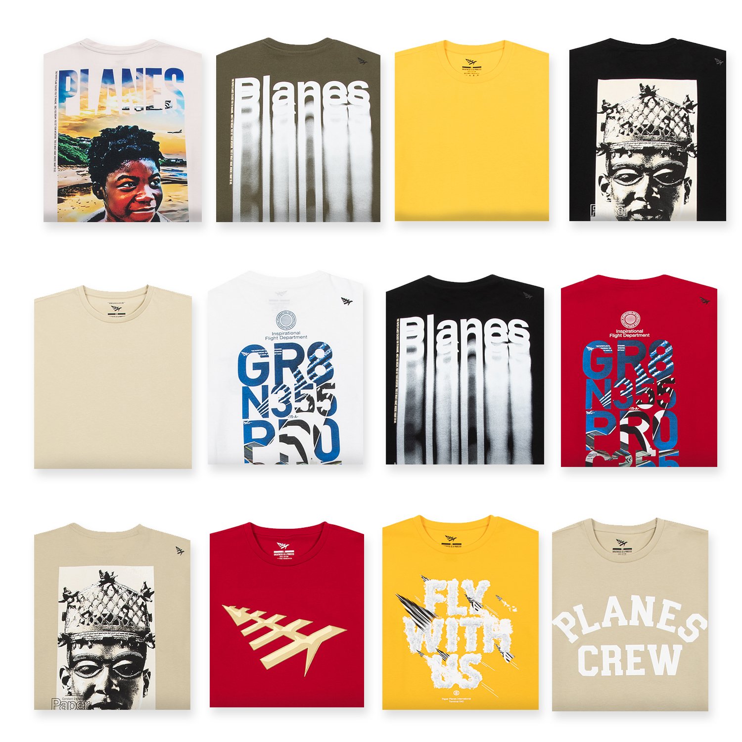 Collection of colorful graphic T-shirts with various designs, logos, and images including text, portraits, and abstract patterns.