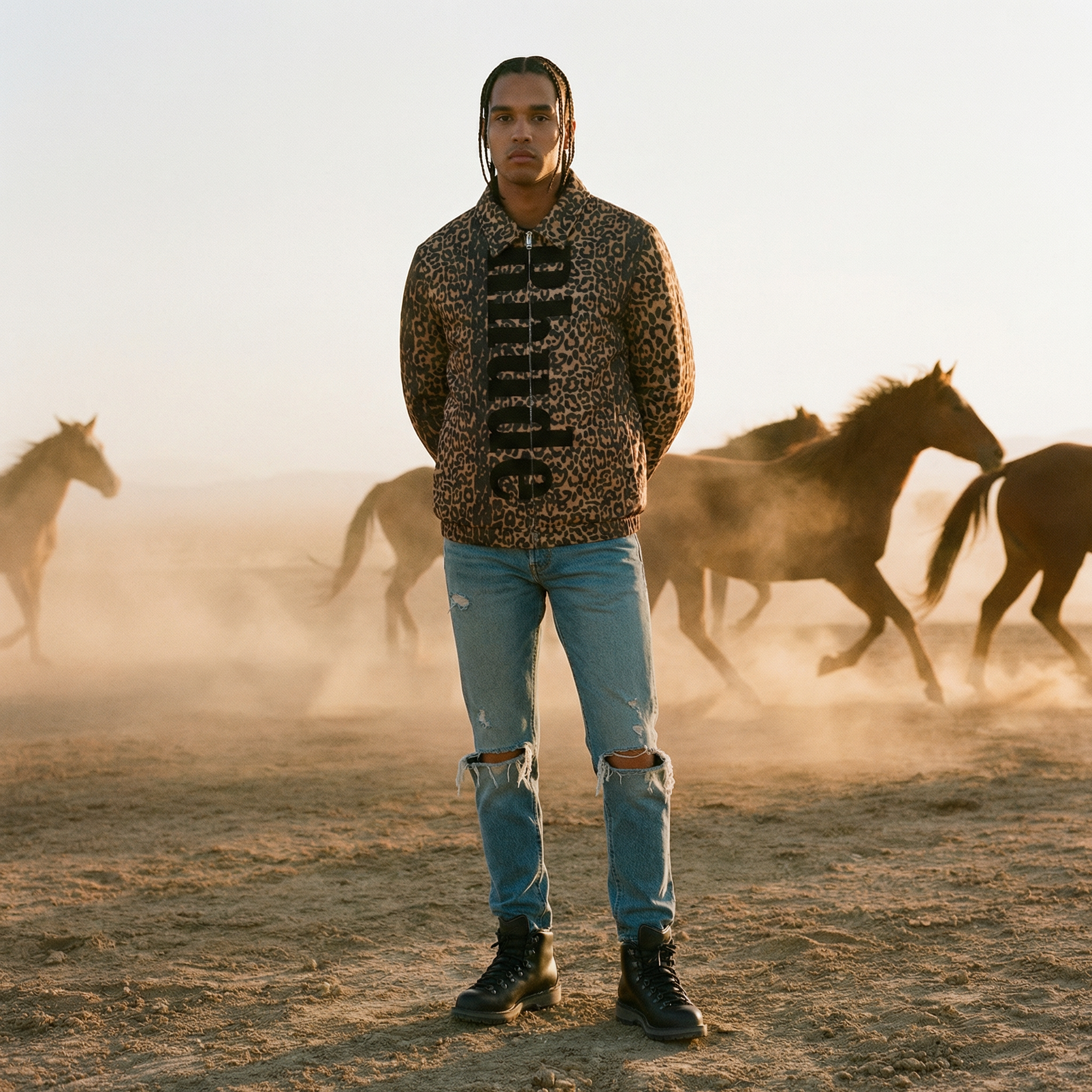 Generated with Kive.ai - in the middle of the dessert with horses in the background arms crossed in the back..png