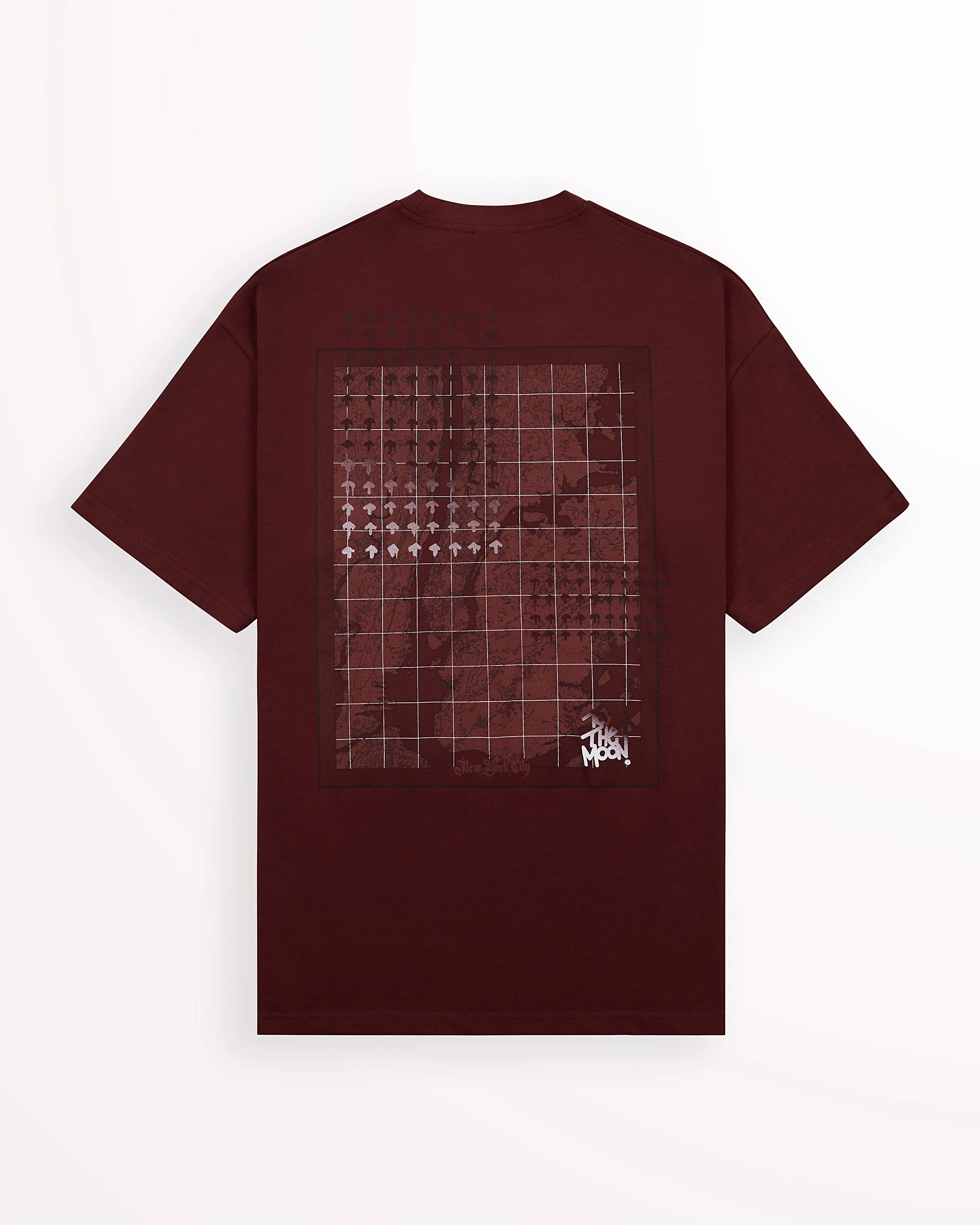 A maroon T-shirt with a graphic design on the back featuring a grid, small animal shapes, and the text "The Moon" in white at the bottom right corner.