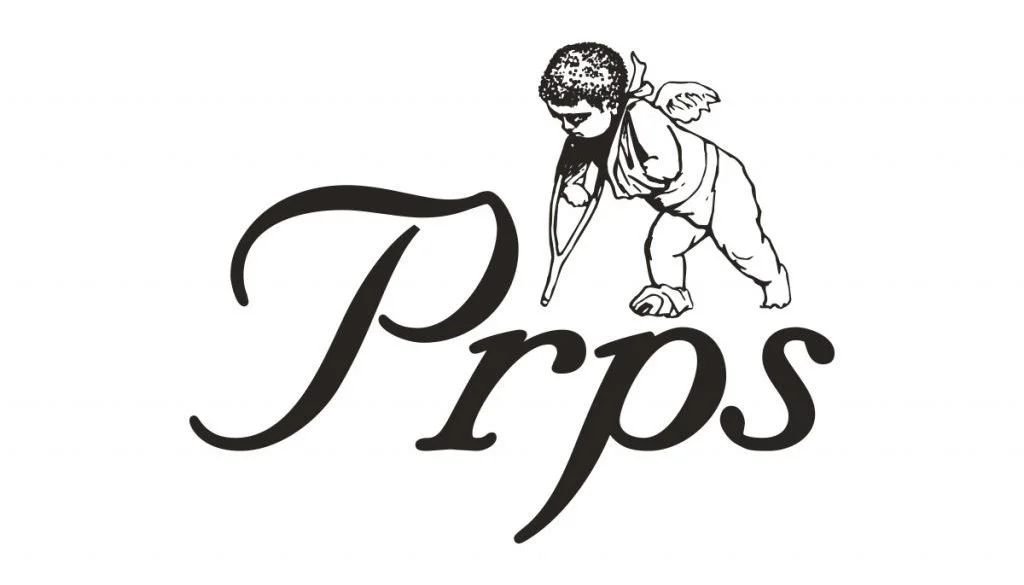 A logo with a cartoon baby dressed as an angel, holding a quill pen, and the word 'Prps' in stylized black script.