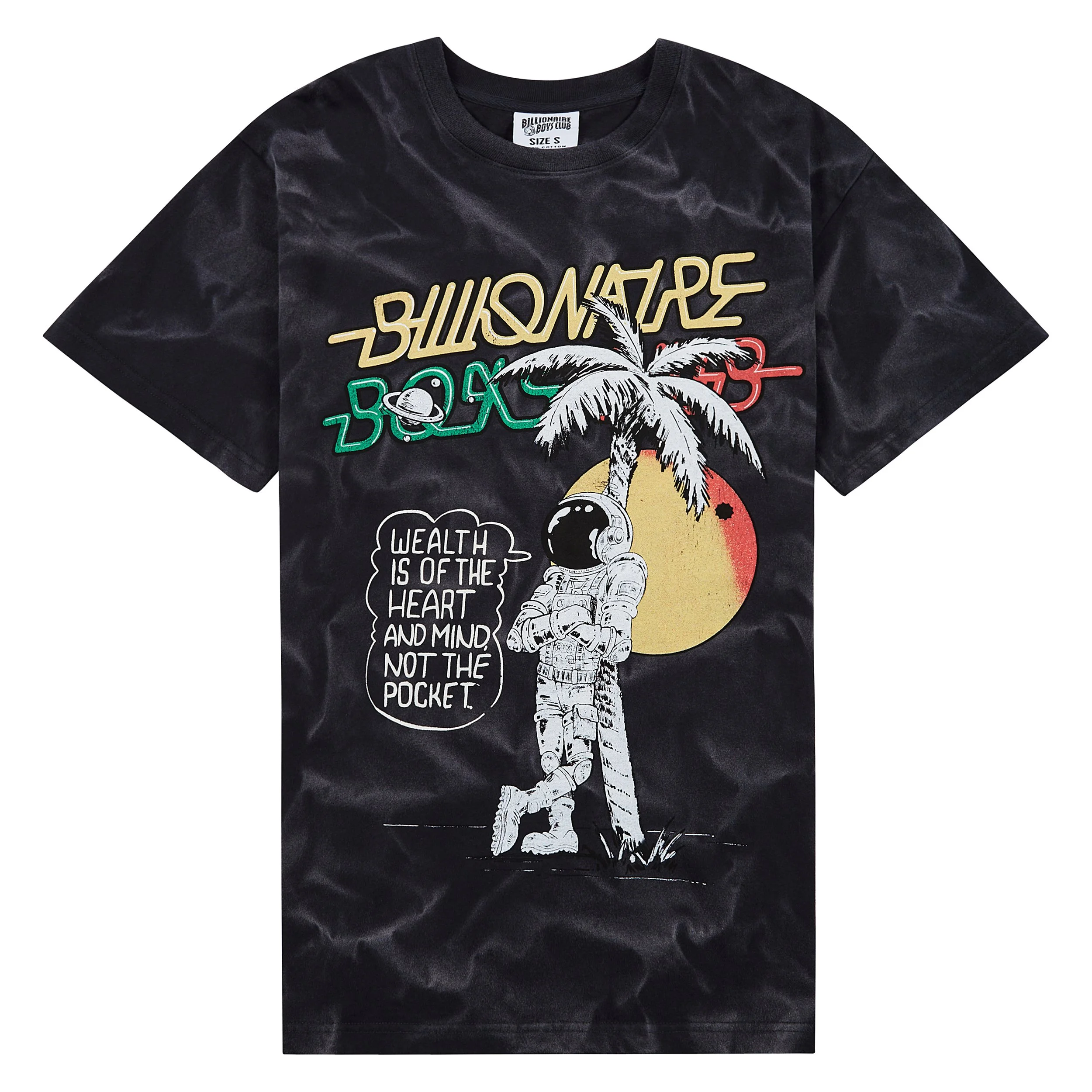 Black T-shirt with a graphic design of a palm tree, a space-themed astronaut for Capsule