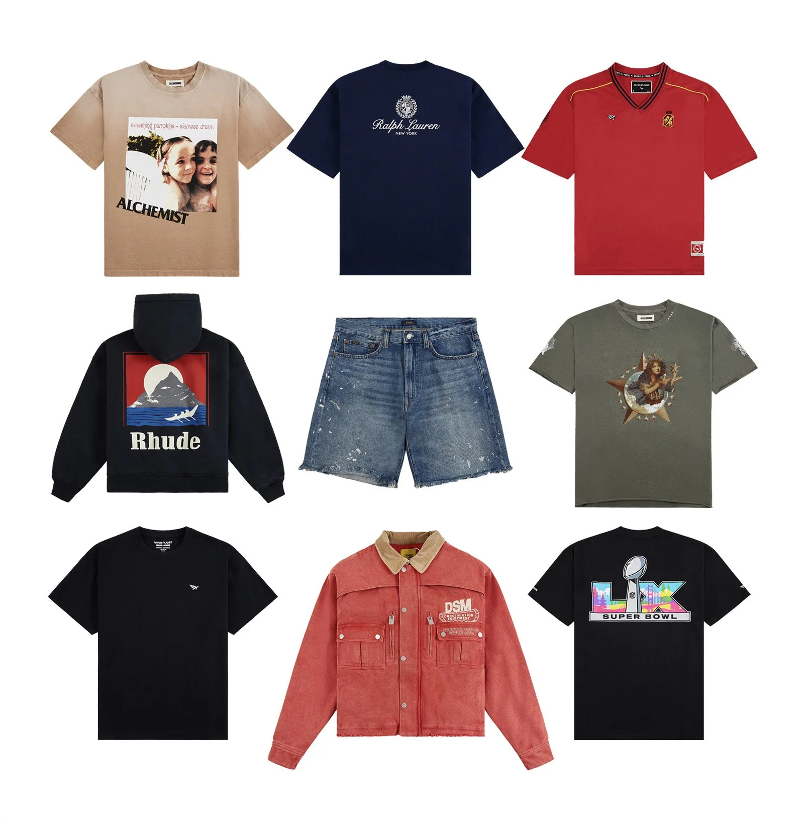 A collection of nine casual clothing items including T-shirts, sweatshirts, hoodies, and jackets from various brands with different graphics and logos, displayed against a plain background.