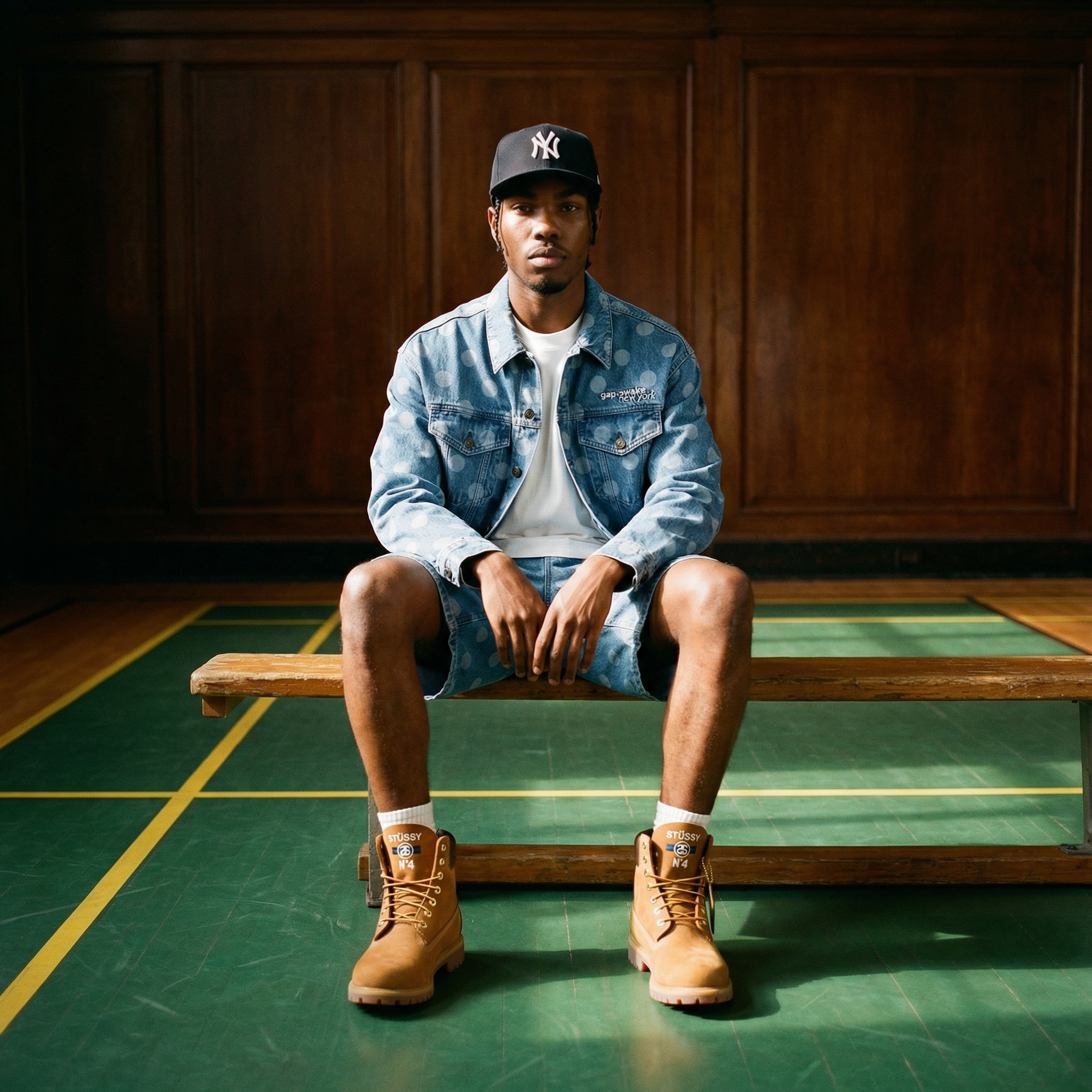 Young man sitting on a wooden bench in a gymnasium with a wooden wall background, wearing a New York Yankees cap, denim jacket, and tan boots, with his legs apart.