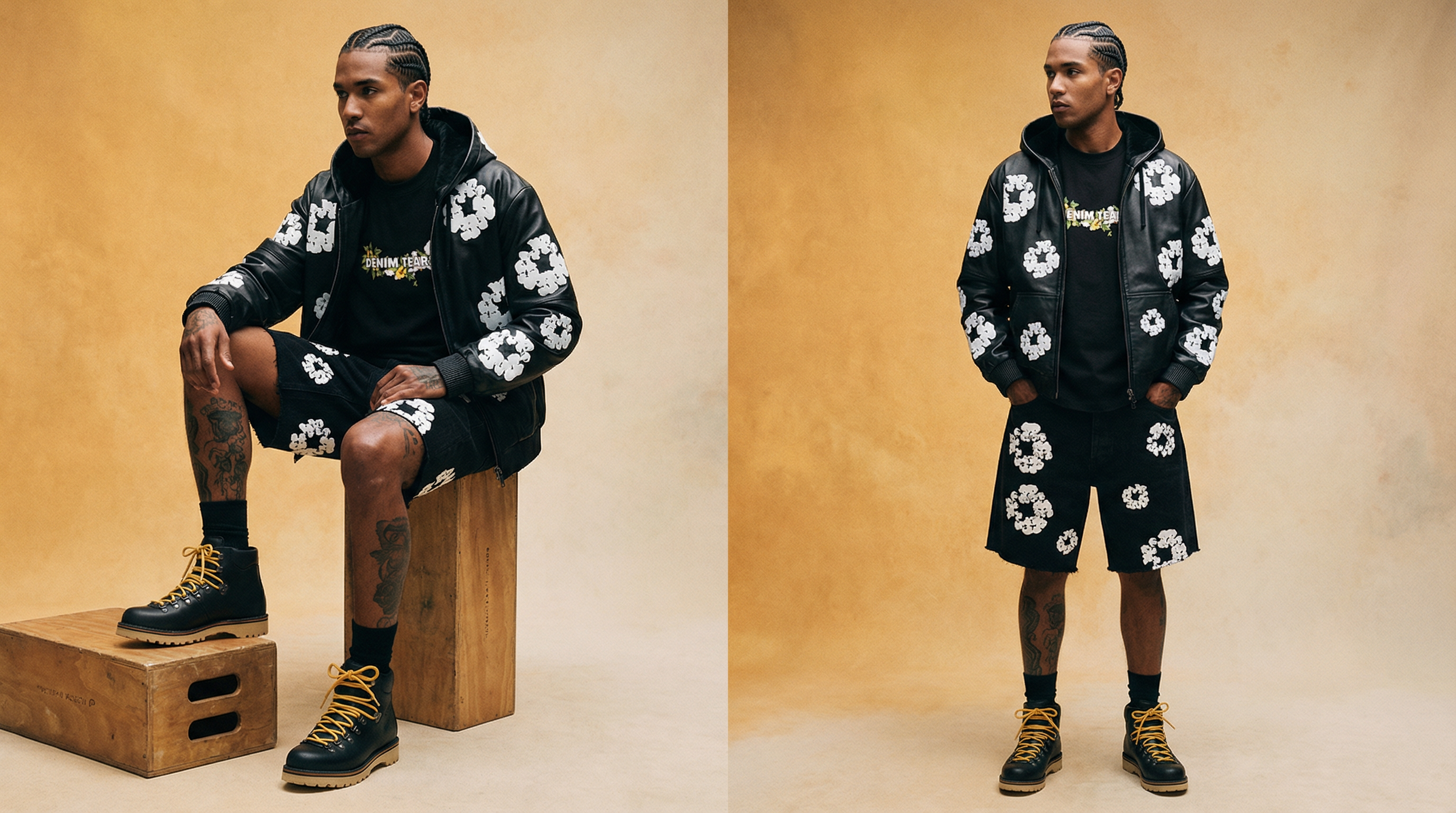 Generated with Kive.ai - hispanic dark skin male model with braid designs on his head_ tattoos on his leg and black socks. sitting on applebox and his foot on another applebox. show pose of one sitting and another standing with his hand (1).png