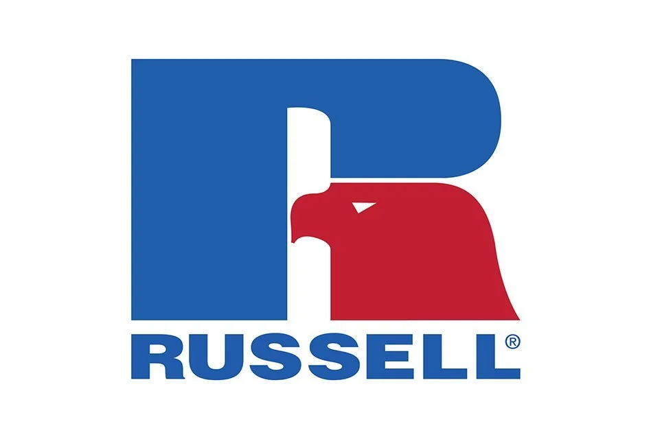 Logo of Russell featuring a stylized eagle head in red and blue with the brand name below.
