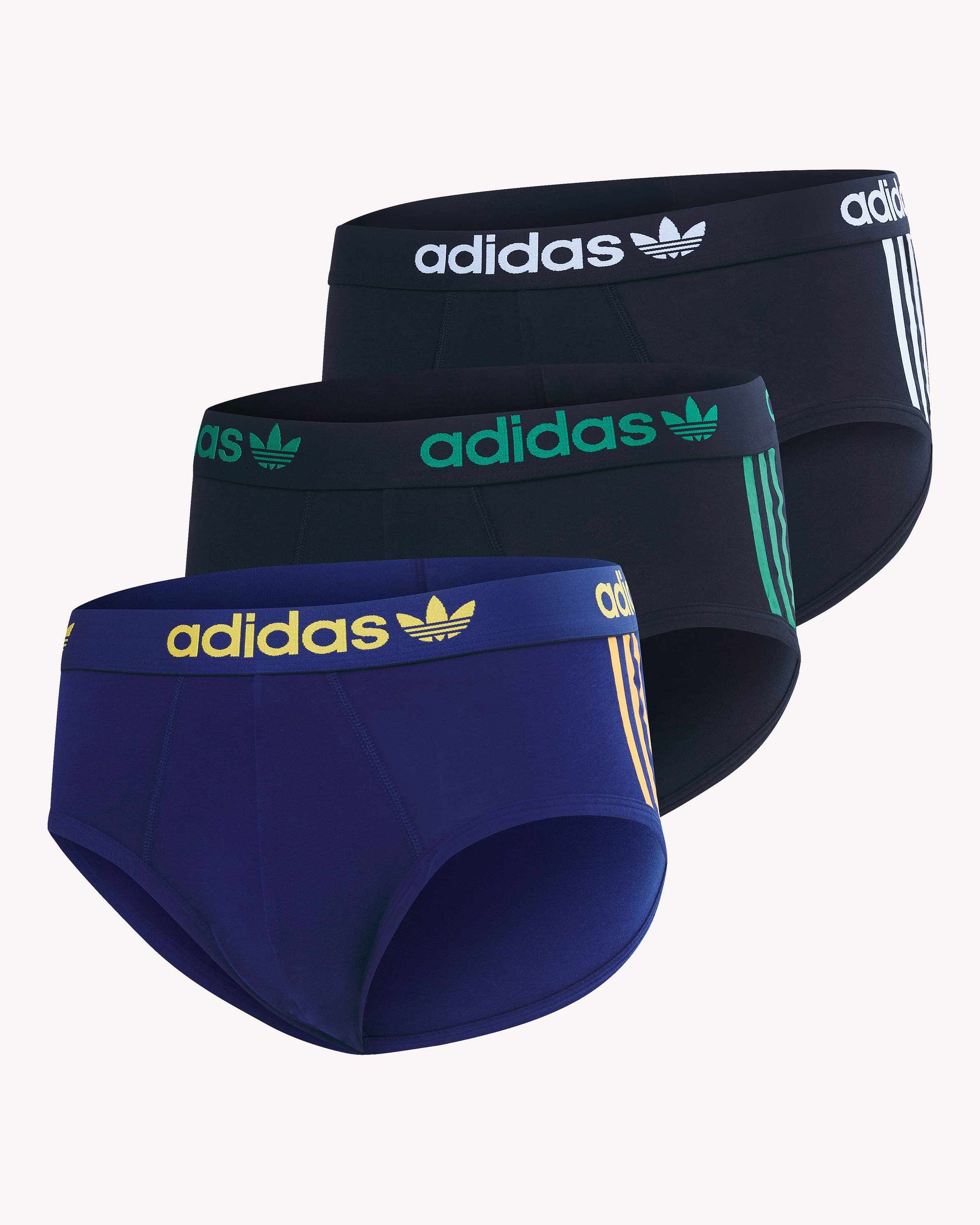 Three pairs of Adidas men's briefs in black, navy blue, and dark blue with colored labels, displayed against a plain background.