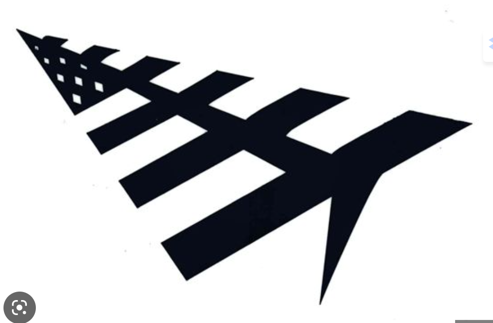 Black silhouette of an airplane with piano keys and a city skyline as wings, casting a shadow.