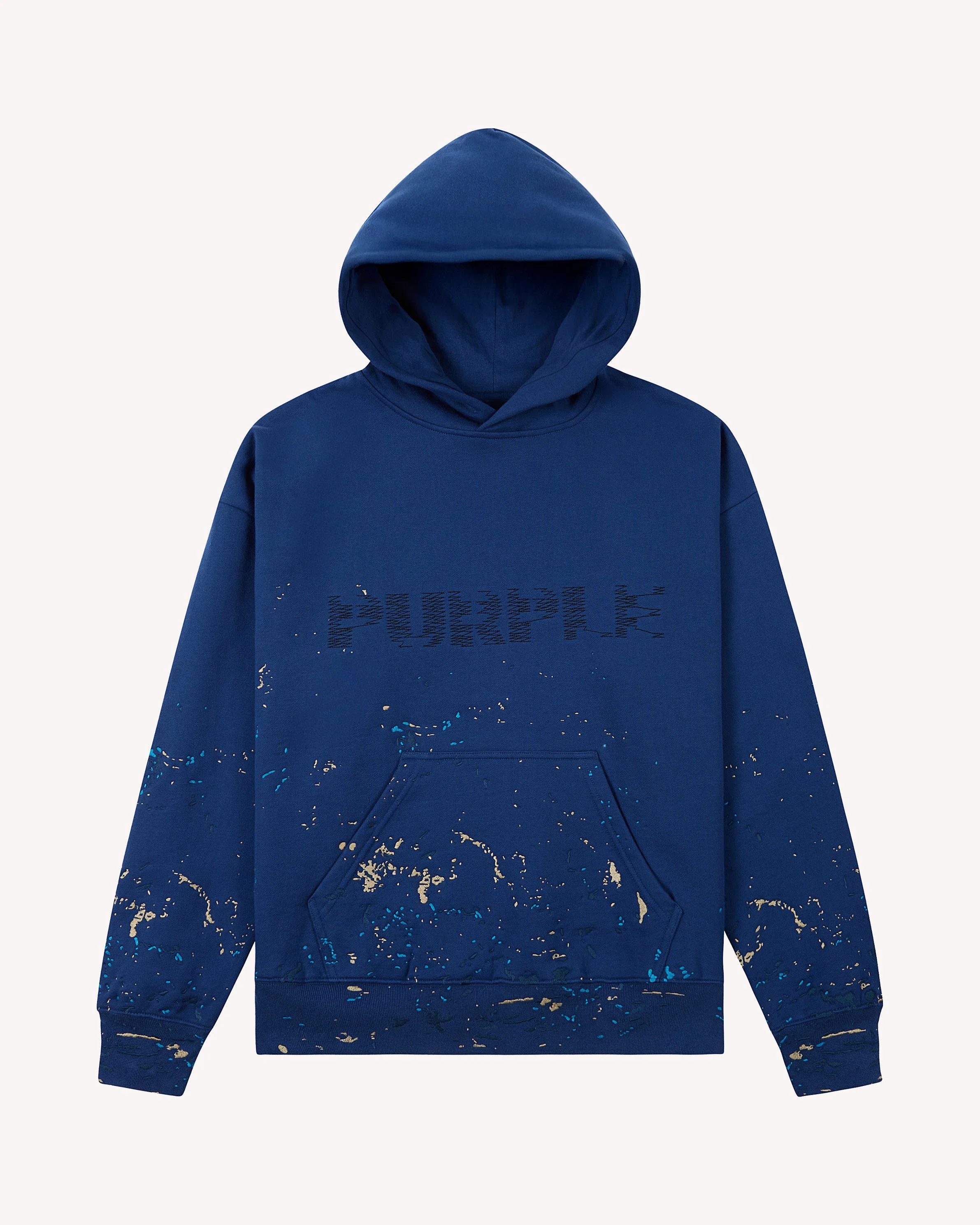Blue hoodie with paint splatter design and black text on front