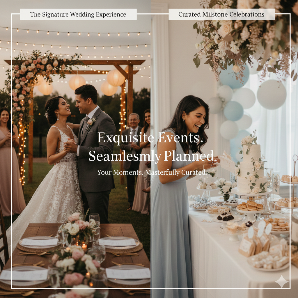 A wedding reception with a bride and groom dancing outdoors under string lights, with bridesmaids and guests watching in the background. The reception area features hanging paper lanterns and floral decorations.