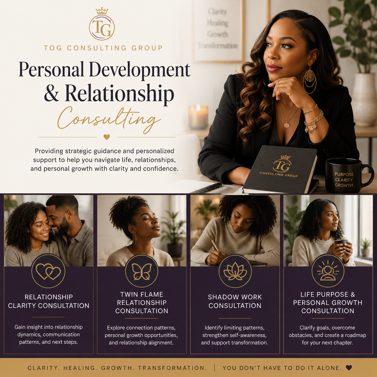 Promotional flyer for Tog Consulting Group, offering personal development and relationship consulting services. Features a woman with long dark hair and jewelry sitting at a desk with a branded notebook and mug, and three smaller images at the bottom of couples and individuals in reflective poses with icons and descriptions of services like relationship clarity, twin flame relationship, shadow work, and life purpose coaching.