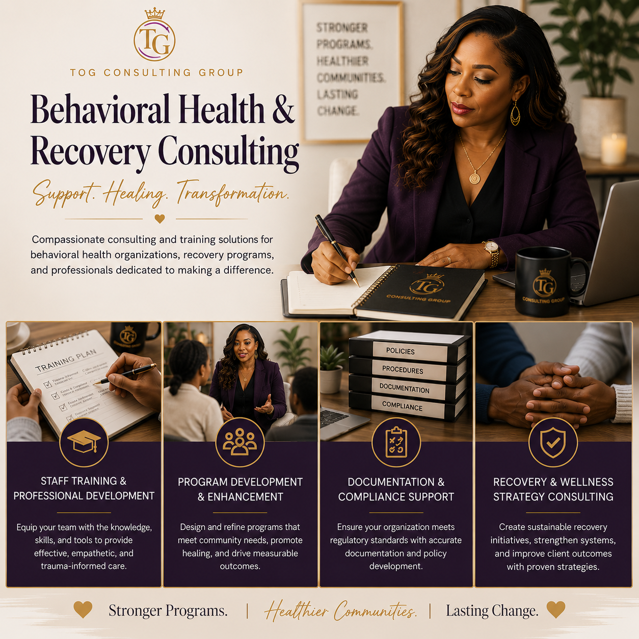 Banner for TOG Consulting Group promoting behavioral health and recovery consulting. Features a woman writing in a notebook at a desk with a mug and laptop, and includes sections on staff training, program development, documentation support, and wellness strategy consulting.