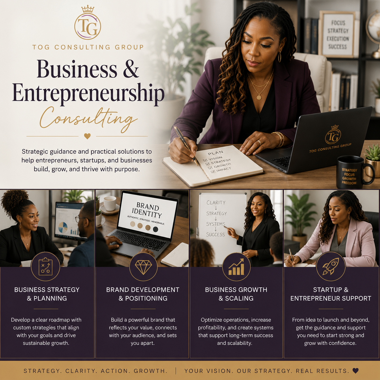A promotional image for TOG Consulting Group showcasing women professionals discussing business strategies, branding, growth, and startup support in an office setting.