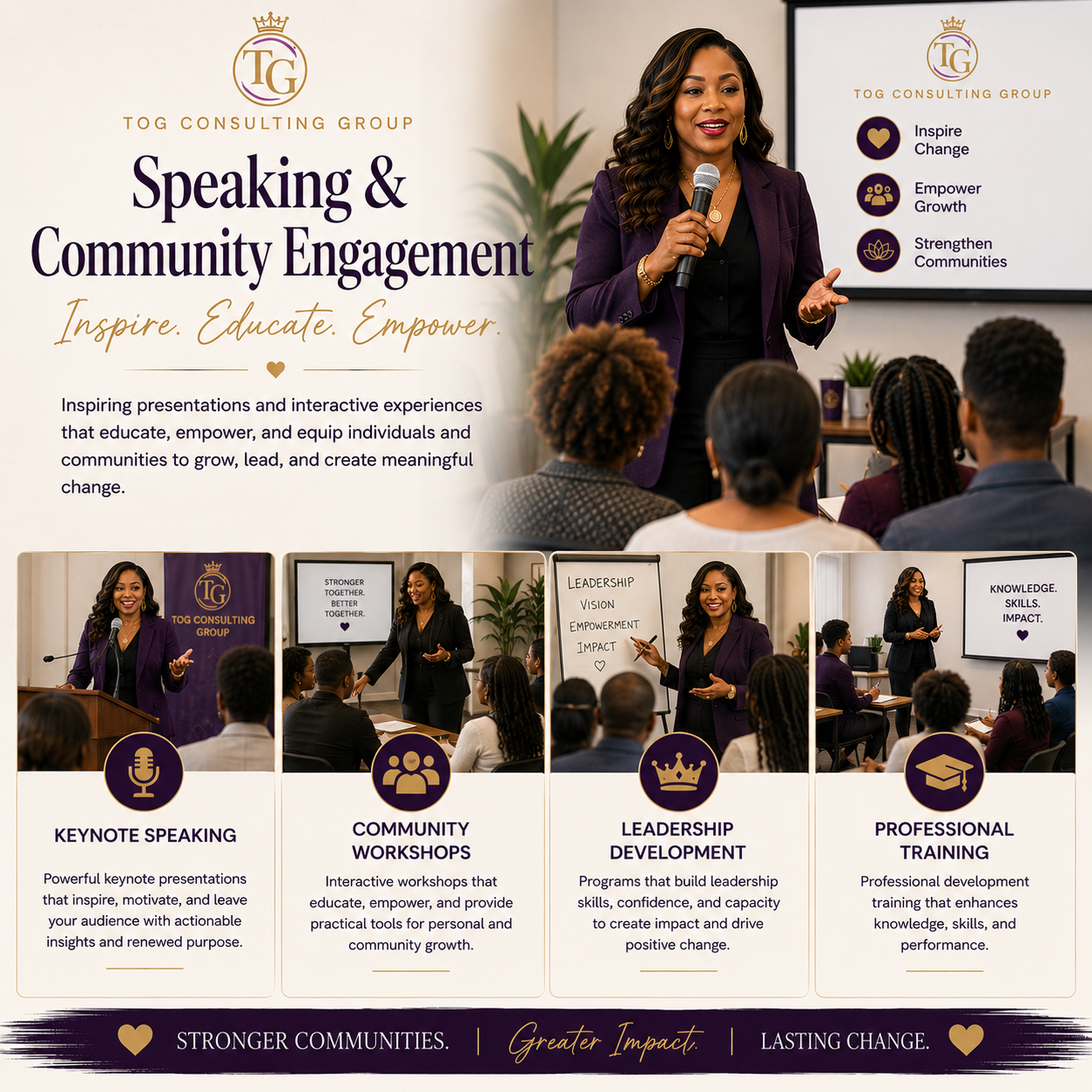 A woman in a purple blazer speaks at a professional conference or workshop, with a screen behind her displaying key themes like Inspire, Change, Empower, Growth, and Strengthen Communities. The event is by TOG Consulting Group, focused on speaking and community engagement, with smaller images showing keynotes, community workshops, leadership development, and professional training.