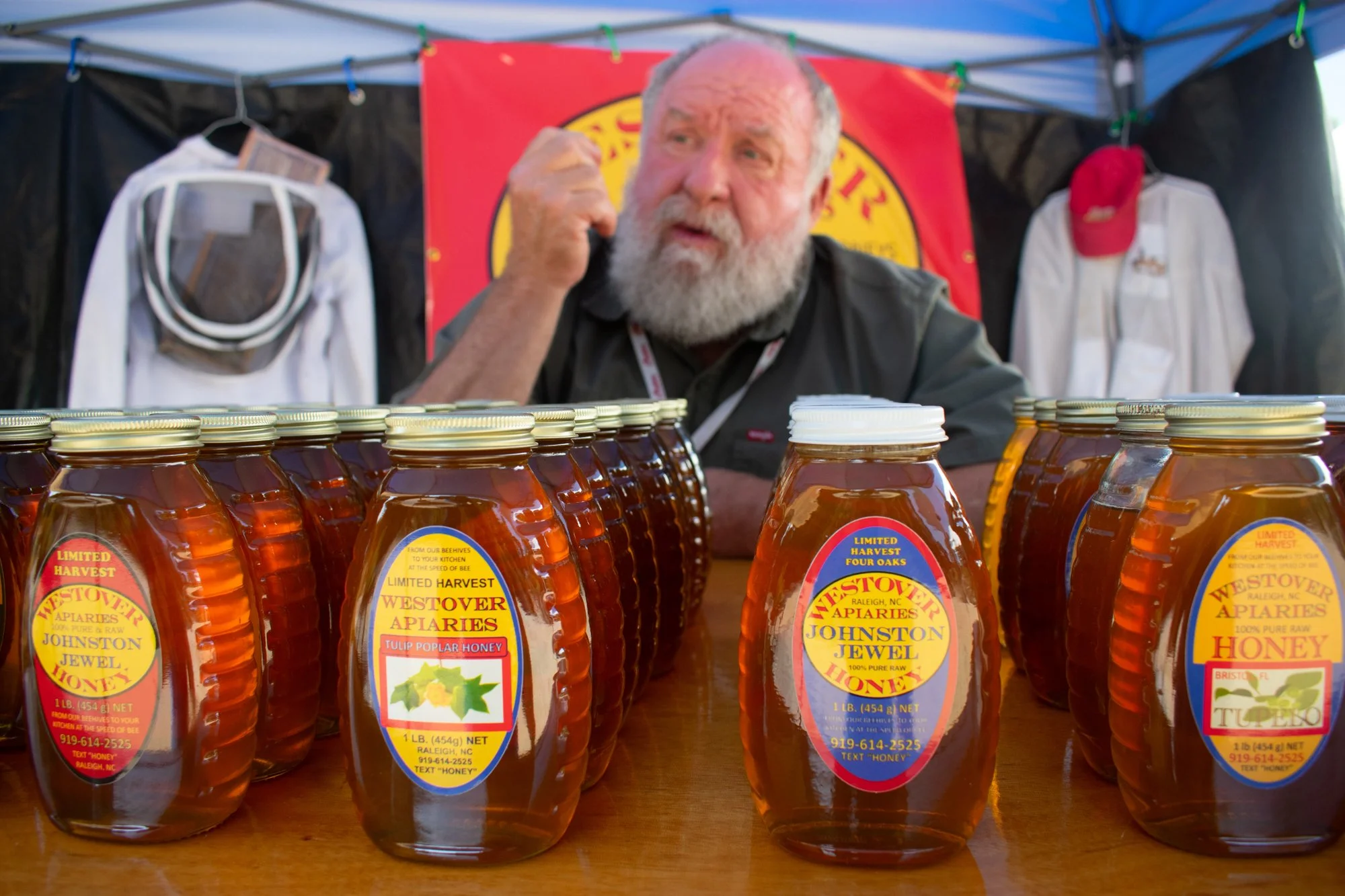 Crump sells his honey eight times a year at Plant Delights Nursery in Wake County. He owns Westover Apiaries and sells more than 16 different types of honey depending on the season. The types of honey produced depend on flowers’ nectar, which affects