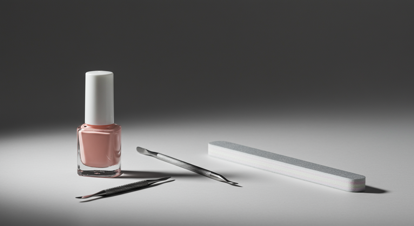 Nail polish bottle, two metal manicure tools, and a nail file on a gray surface against a dark background.