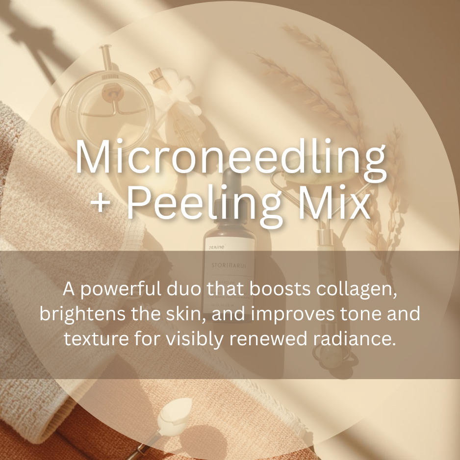 Flat lay of skincare products, towels, and dried plants with text overlay promoting a microneedling and peeling mix for skin rejuvenation.