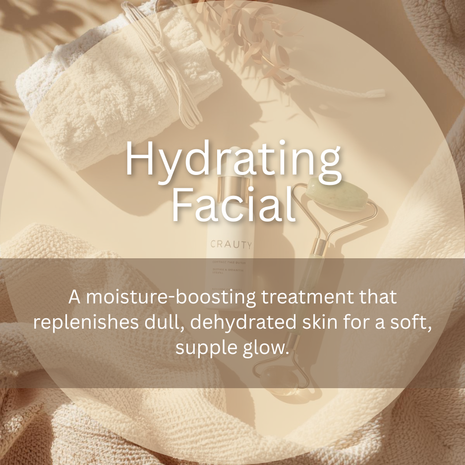 Laying on a table are rolled towels, a jade roller, a bottle labeled "Crauty," and a facial mask. The scene suggests a skincare treatment or spa setting.