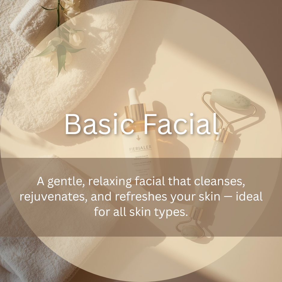 A bottle of facial serum, a jade roller, and a white towel with a flower, all placed on a circular white surface with sunlight casting shadows.