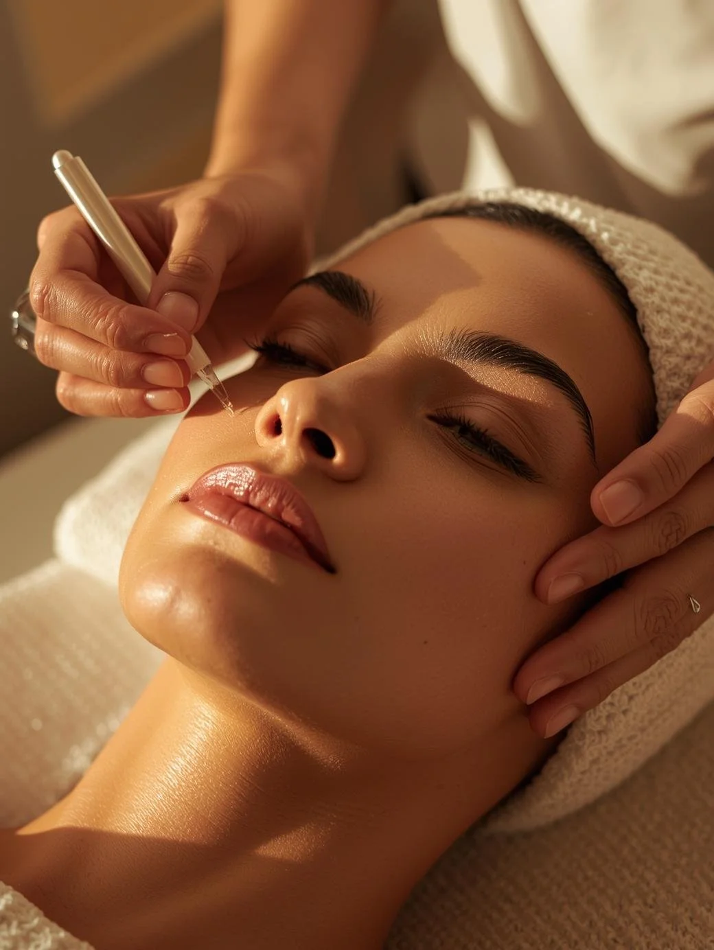 A woman receives a facial treatment at a spa, lying with her eyes closed, while a professional applies a skincare product with a dropper.