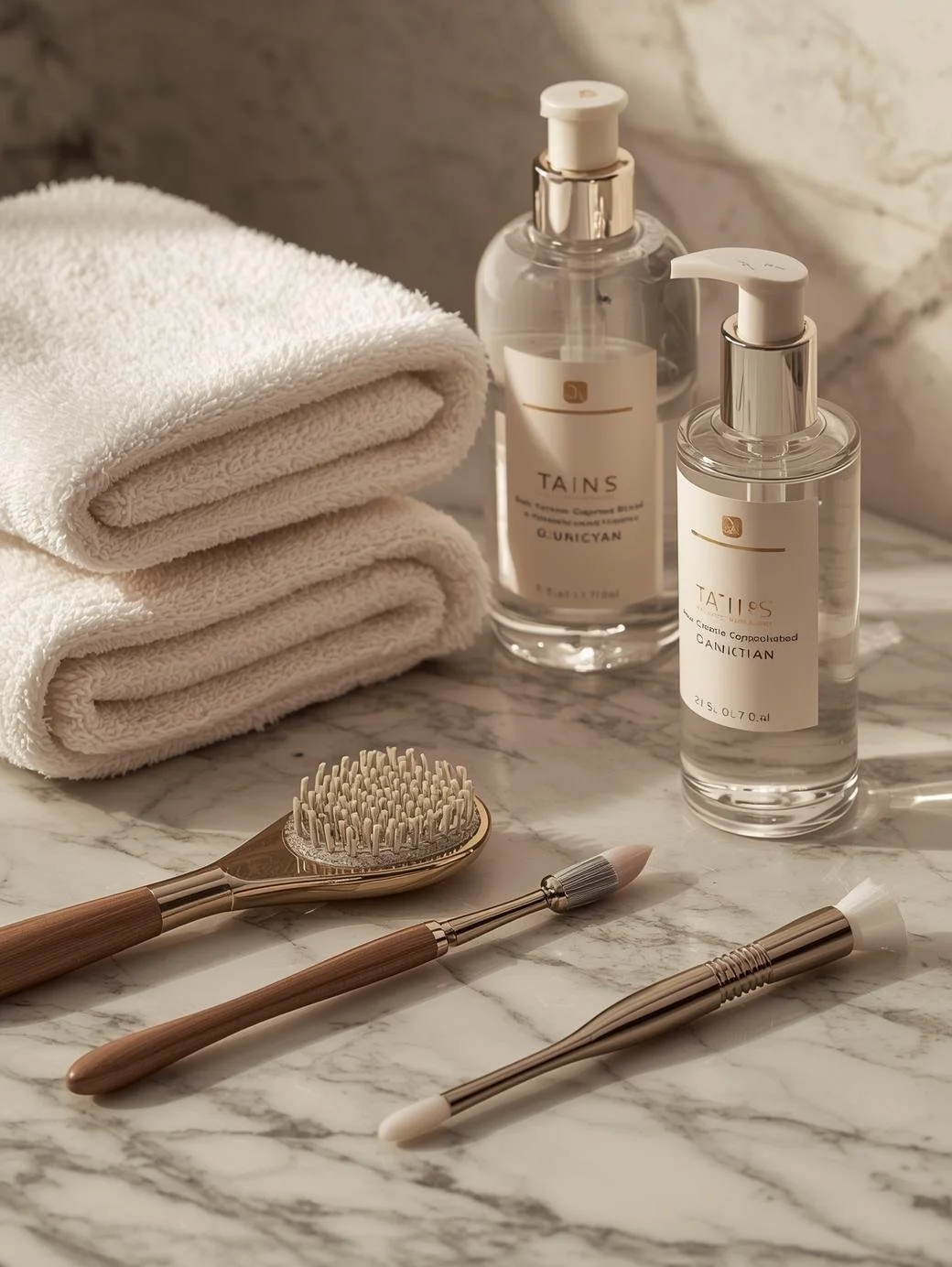 Stacked white towels, bottles of facial toner, a facial mist, and skincare products, along with facial cleansing brushes on a marble surface.