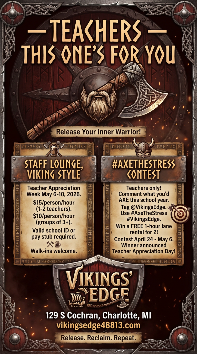 Poster advertising Viking-themed teacher events, including a staff lounge Viking style appreciation week and an #AxeTheStress contest. Features a Viking axe, shield, and Norse symbols with details about event dates, locations, and participation instructions.