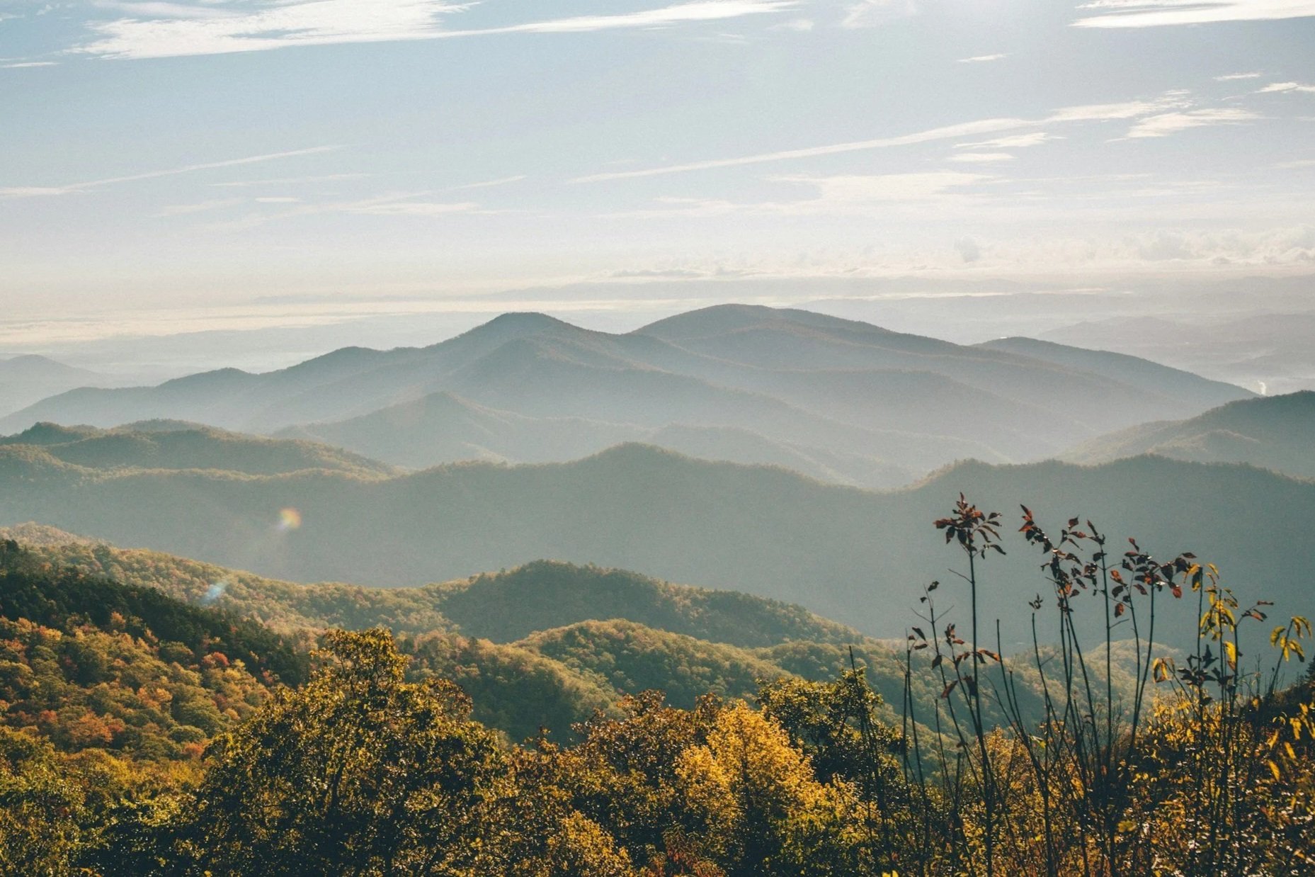Landscape of rolling green mountains with trees in the foreground under a partly cloudy sky.
