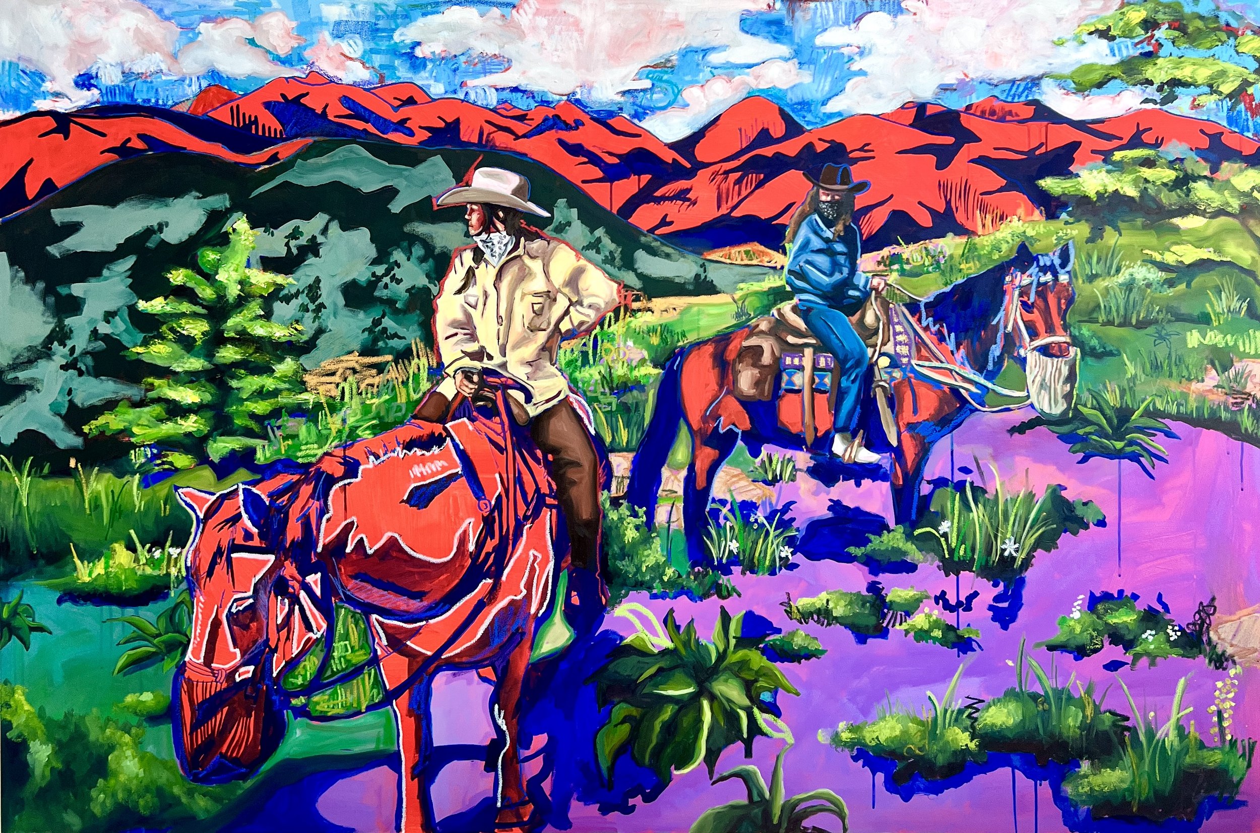 Blazing Saddles, 2024, 48 in x 72 in, (121.92 cm x 182.88 cm), Mixed Media on Canvas