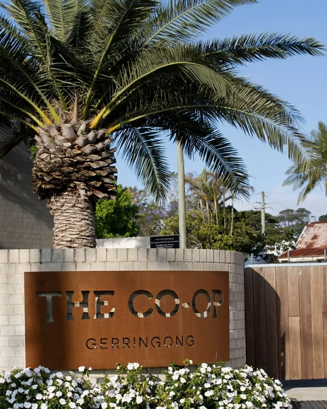 A palm tree behind a sign that reads 'THE CO-OP GERRINGONG', with white flowers at the base of the sign and a brick wall and wooden gate nearby.