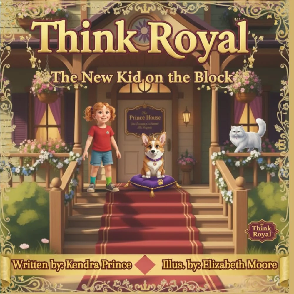 A girl with reddish hair wearing a red shirt and blue shorts standing on the steps of a princess house. A corgi dog sits on a purple pillow on the stairs, and a white cat is on the railing to the right. The house is decorated with flowers, and there are hanging flower baskets. The text says 'Think Royal' and 'The New Kid on the Block'. Written by Kendra Prince and illustrated by Elizabeth Moore.
